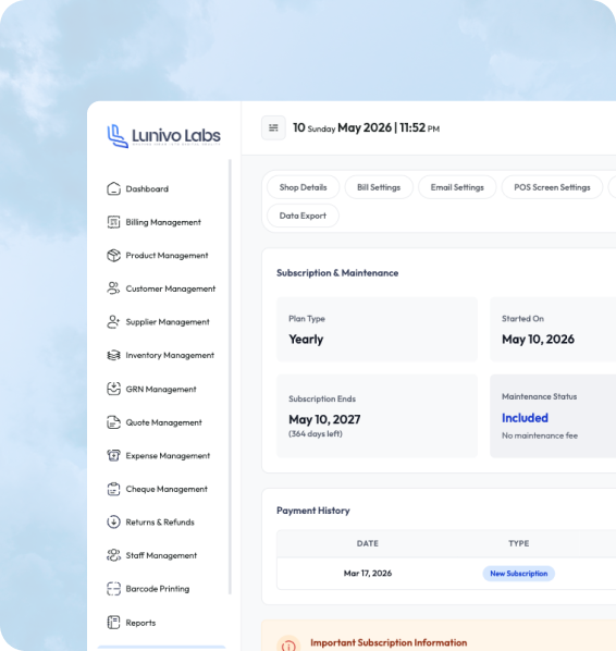 Lunivo POS subscription and shop settings dashboard